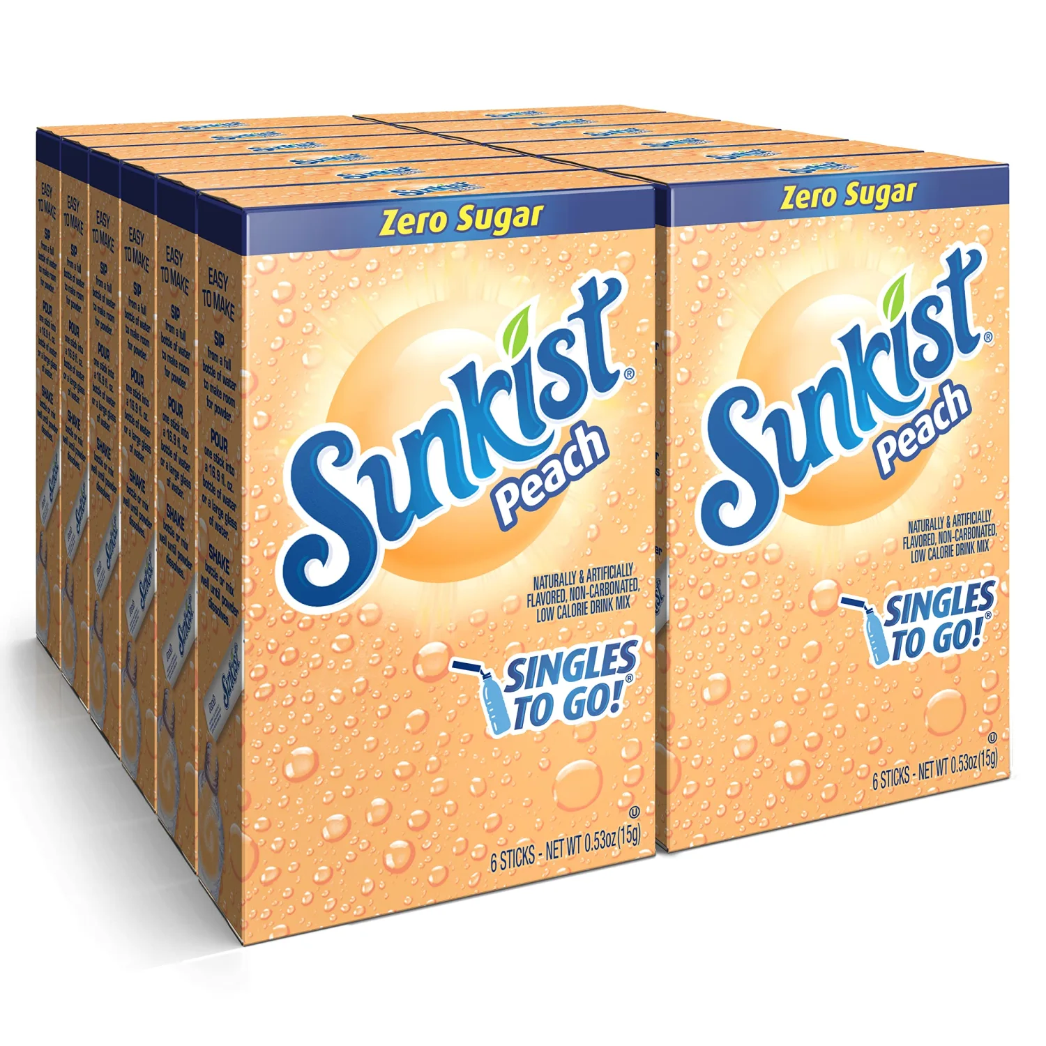 Sunkist Soda SINGLES TO GO! Drink Mix In 12 Boxes with 6 Packets Each (NonCarbonated and Sugar Free), Peach, 72 Count