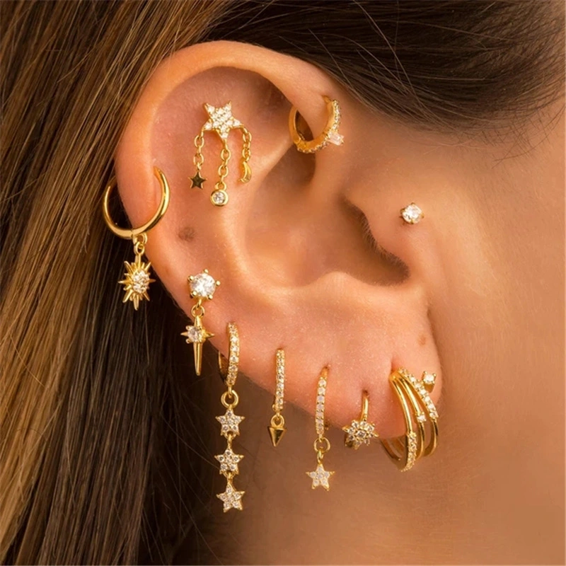 Fashion Ins Wind S925 Classic Cross Star Moon Tassel Diamond Earrings