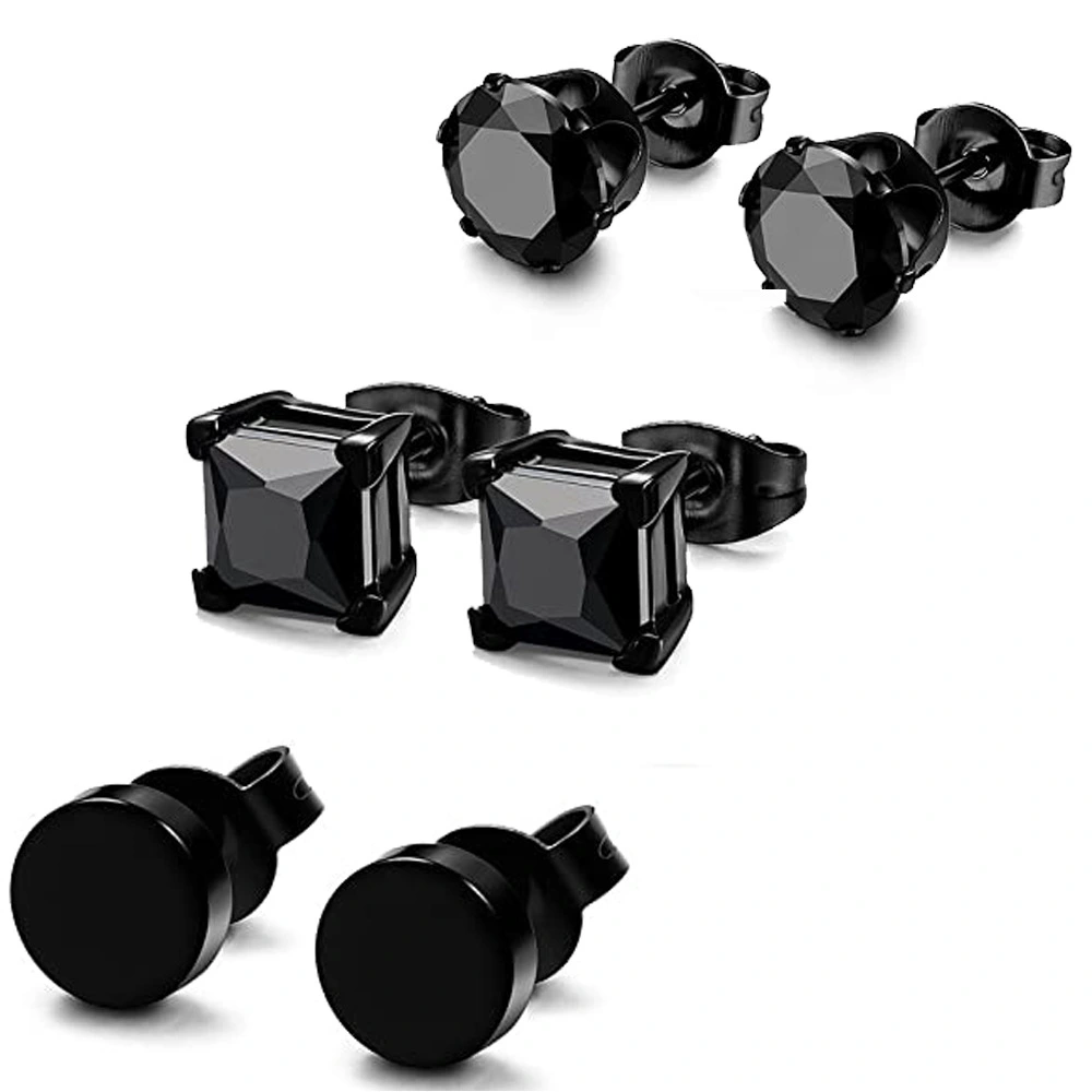 Punk Square Black Zircon Stud Earrings Set 6mm