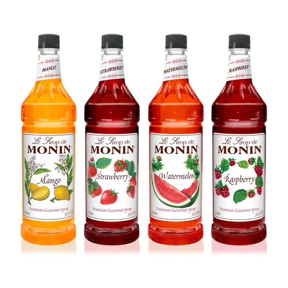 Monin - Summer Variety Pack, Fruit Flavored Syrup, Mango, Strawberry, Raspberry, & Watermelon Syrup, Simple Syrup for Margaritas, Lemonade, Cocktails, & More, Clean Label (1 Liter, 4-Pack)