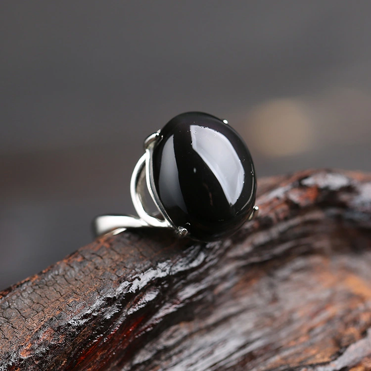 Natural Obsidian Live Mouth Pair Ring Silver Jewelry Fashion