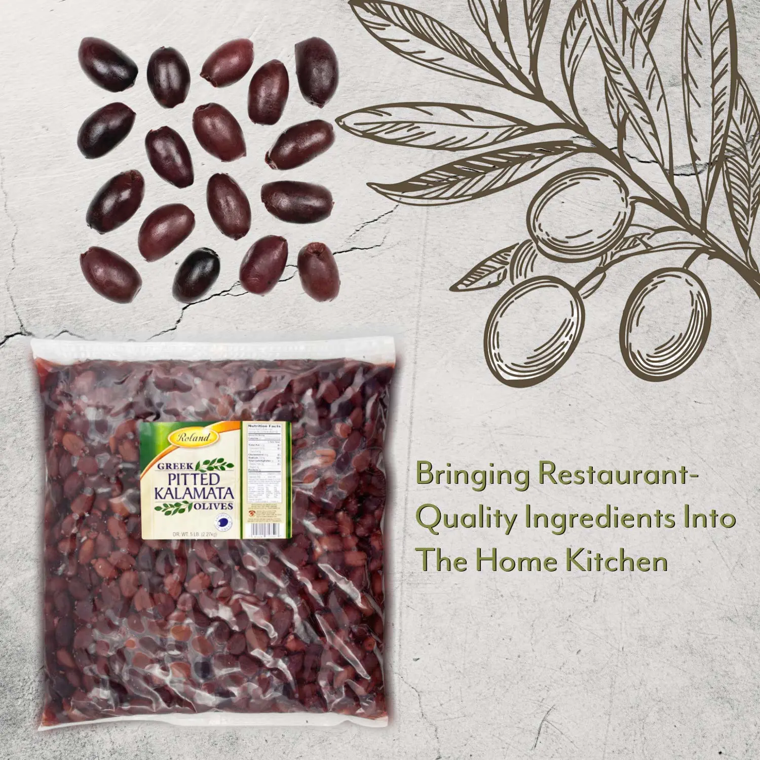 Roland Foods Whole Pitted Kalamata Olives From Greece, Specialty Imported Food, 5 Pound, Pack of 1