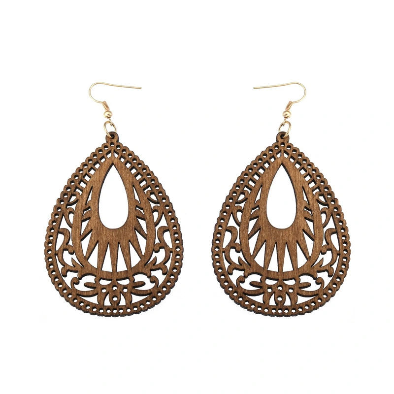 European And American New Fashion Hollow Water Drop Wood Earrings