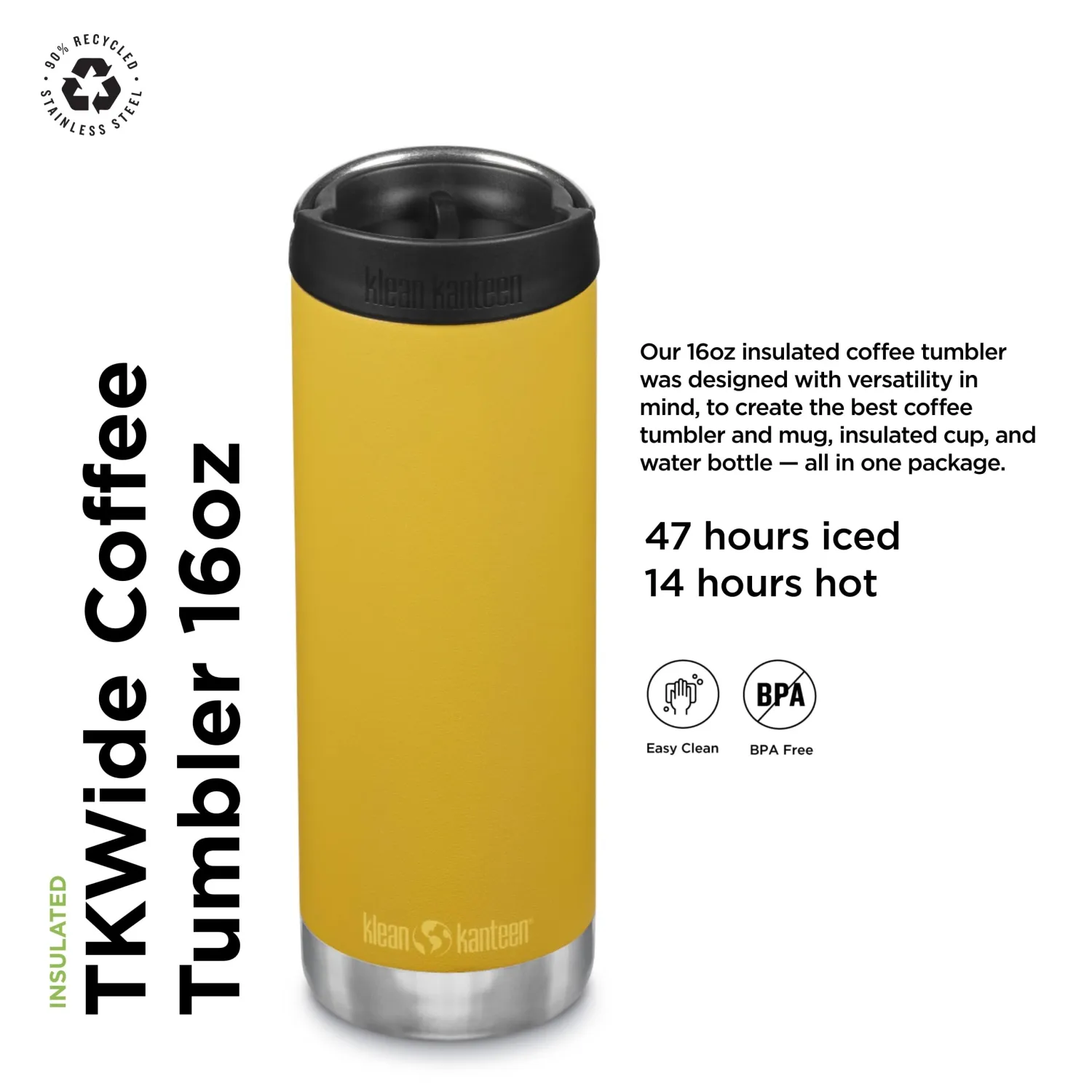Klean Kanteen TKWide Insulated Coffee Tumbler with Cafe Cap - Stainless Steel Water Bottle & Thermal Tumbler - Marigold, 16 oz
