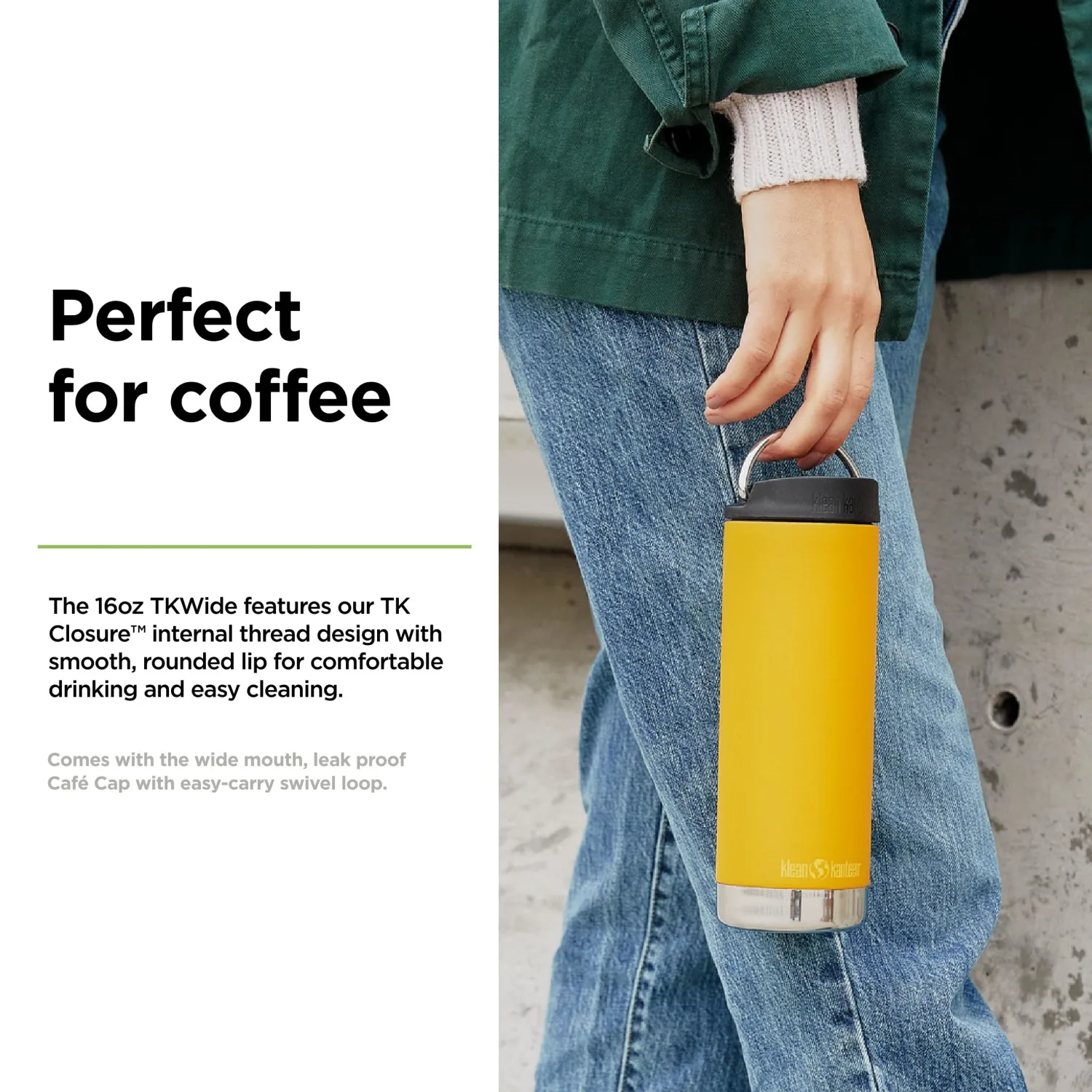 Klean Kanteen TKWide Insulated Coffee Tumbler with Cafe Cap - Stainless Steel Water Bottle & Thermal Tumbler - Marigold, 16 oz
