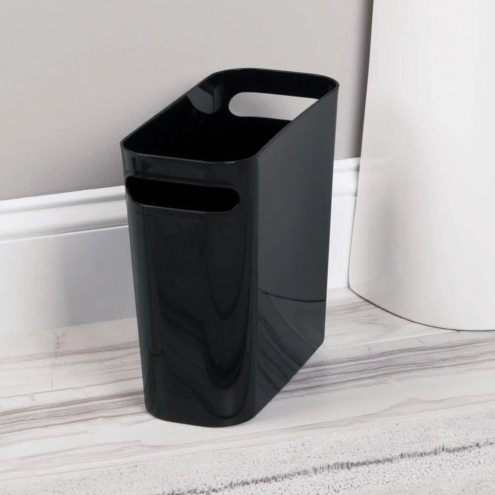 mDesign Plastic Small Trash Can, 1.5 Gallon/5.7-Liter Wastebasket, Narrow Garbage Bin with Handles for Bathroom, Laundry, Home Office - Holds Waste, Recycling, 10" High, Aura Collection, Black