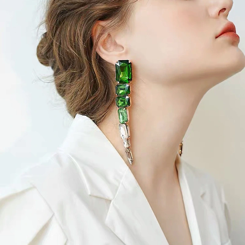 Exaggerated Glass Rhinestone Geometric Gem Waterdrop Long Earrings