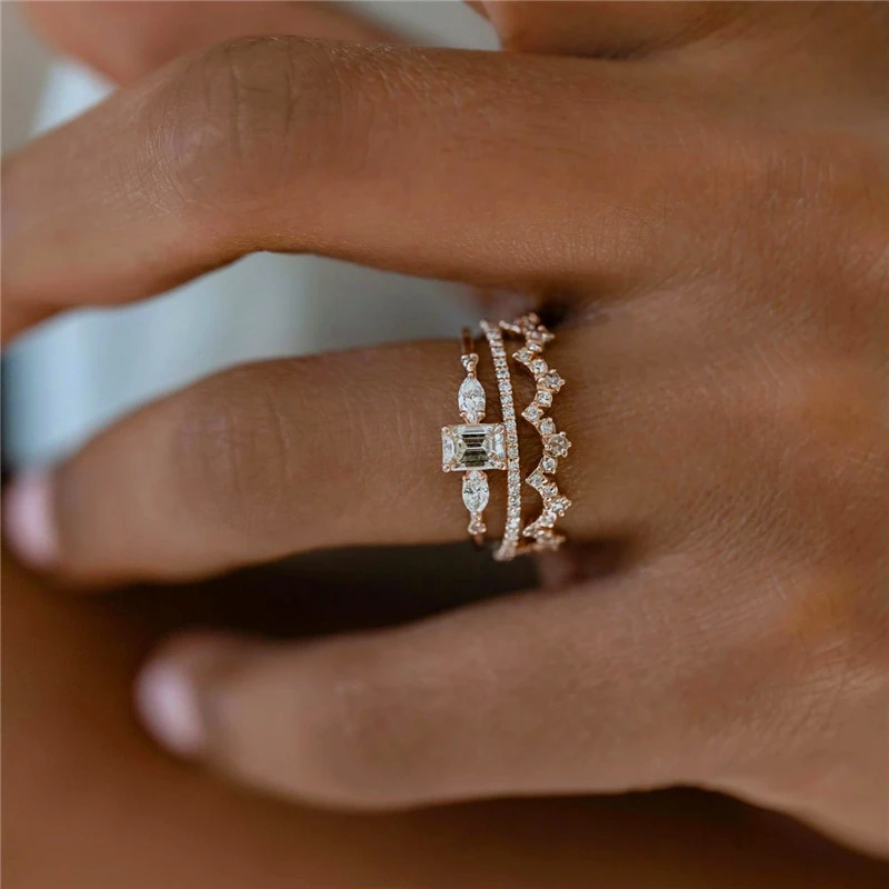 Women's Fashion Crown Square Geometric Rings Three Piece Set