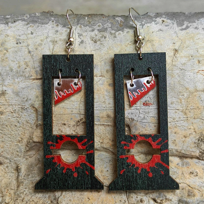 Scary Halloween Creative Guillotine Bloodstained Wood Earrings