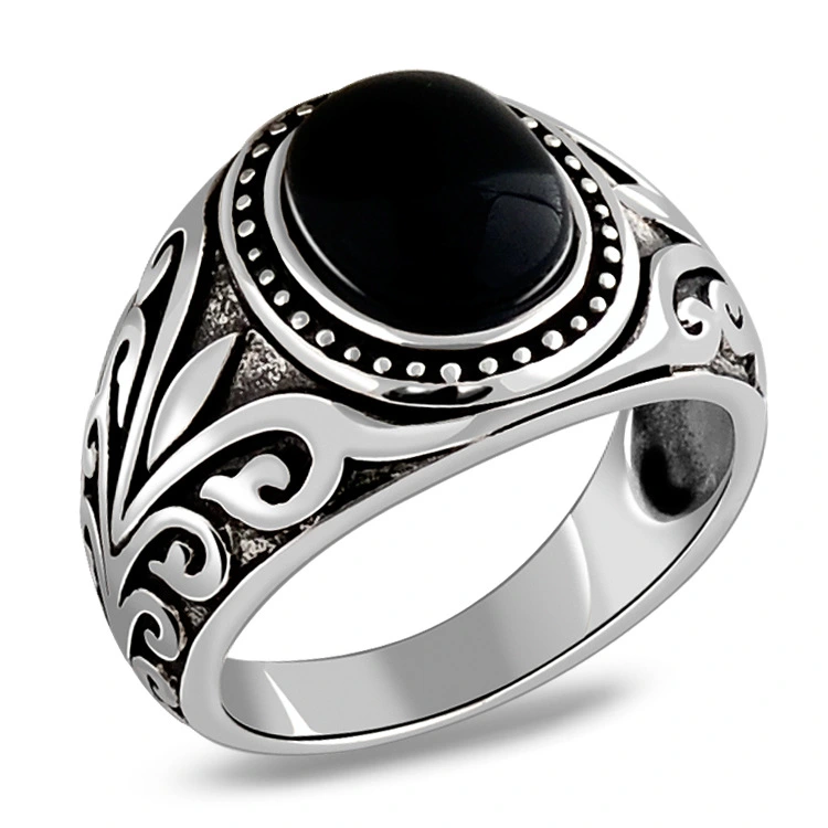 925 Sterling Silver Ring Black Agate Red Garnet Ancient Rattan Pattern Gemstone Men's Ring