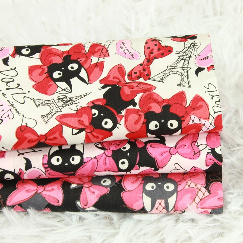 Thin Cotton Nordic Style Cartoon Bow Cat Print Fabric