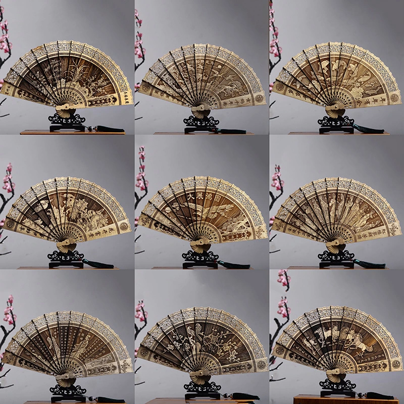 Golden Silk Nan Hollow Carved Wooden Folding Fan Desktop Ornament