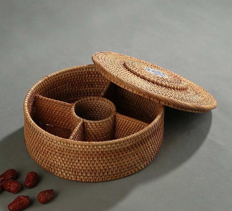 Modern Living Room Rattan Fruit Plate With Multiple Compartments And Lids