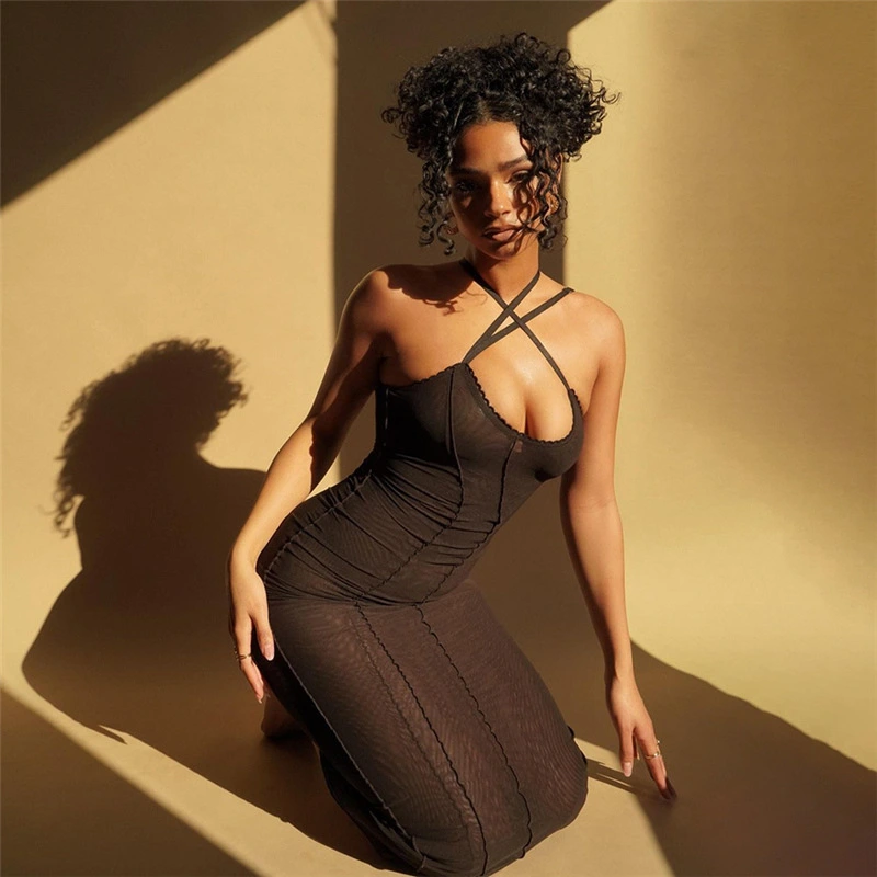 Summer Fashion Women's Halterneck Slim Fit Mesh See-through Dress