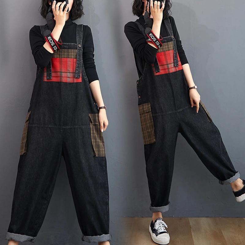 Women's New Style Denim Patch Pocket Suspender Ninth Pants