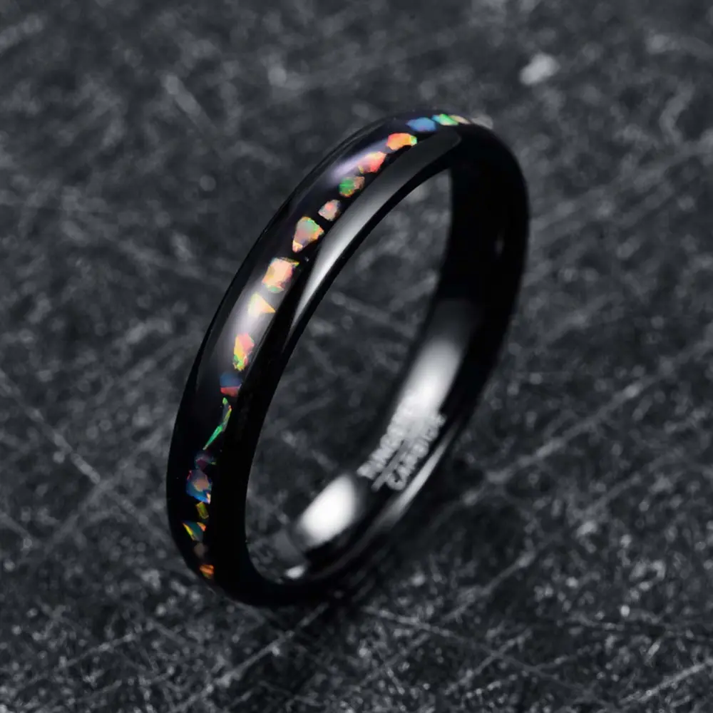 4mm Wide Dome Plating Black Inlaid Opal Ladies Tungsten Steel Ring