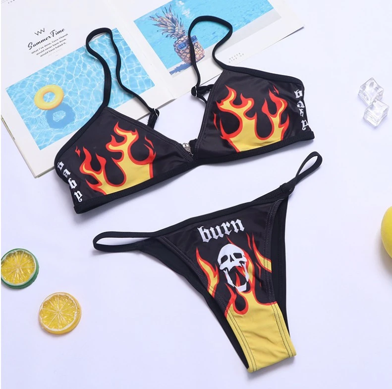 Funny Fire Skull Punk Style Split Swimsuit