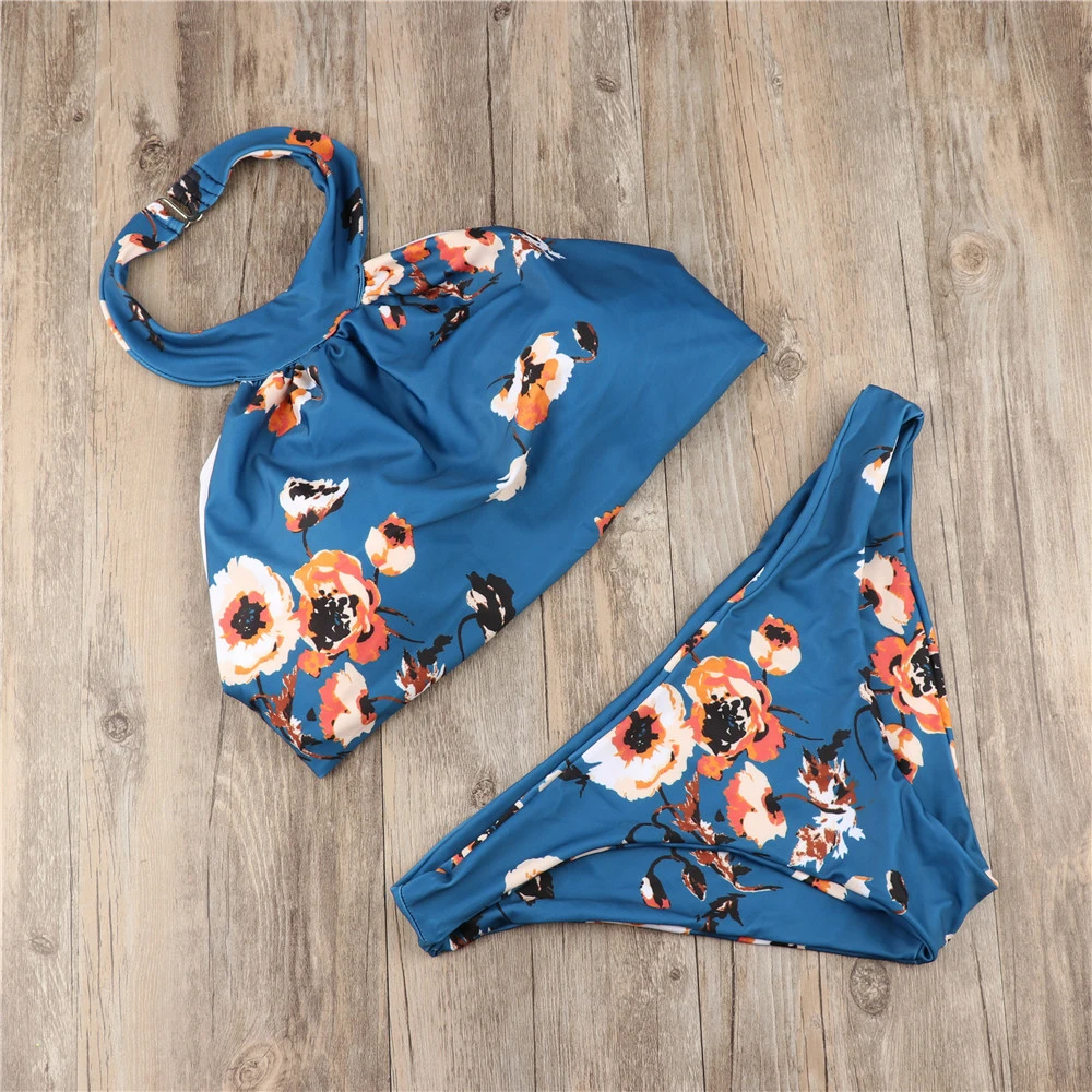 Halter Neck Split Blue Print Swimsuit