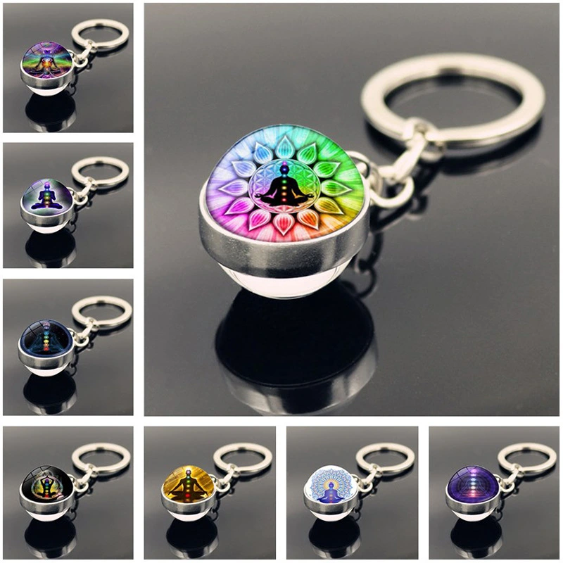 New Yoga Symbol Double Sided Glass Ball Keychain Pendant