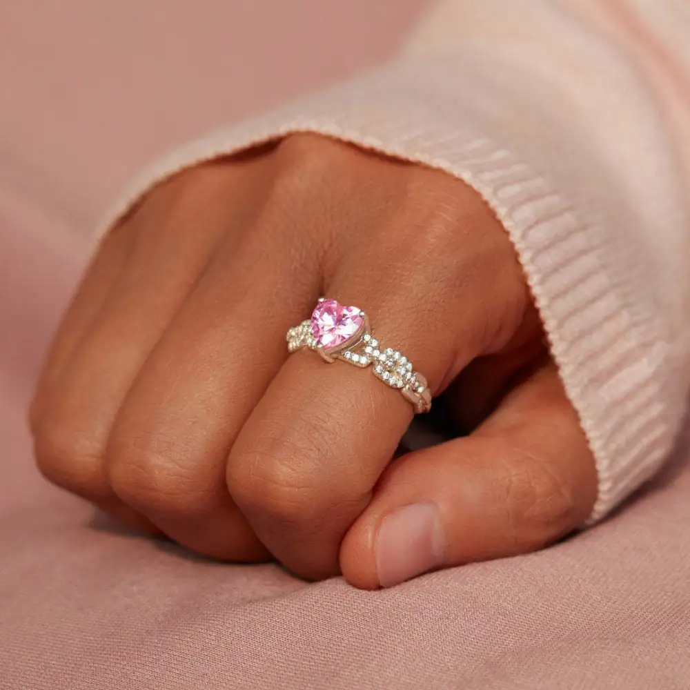 Heart Link S925 Silver Fashion Peach Heart Zircon Ring