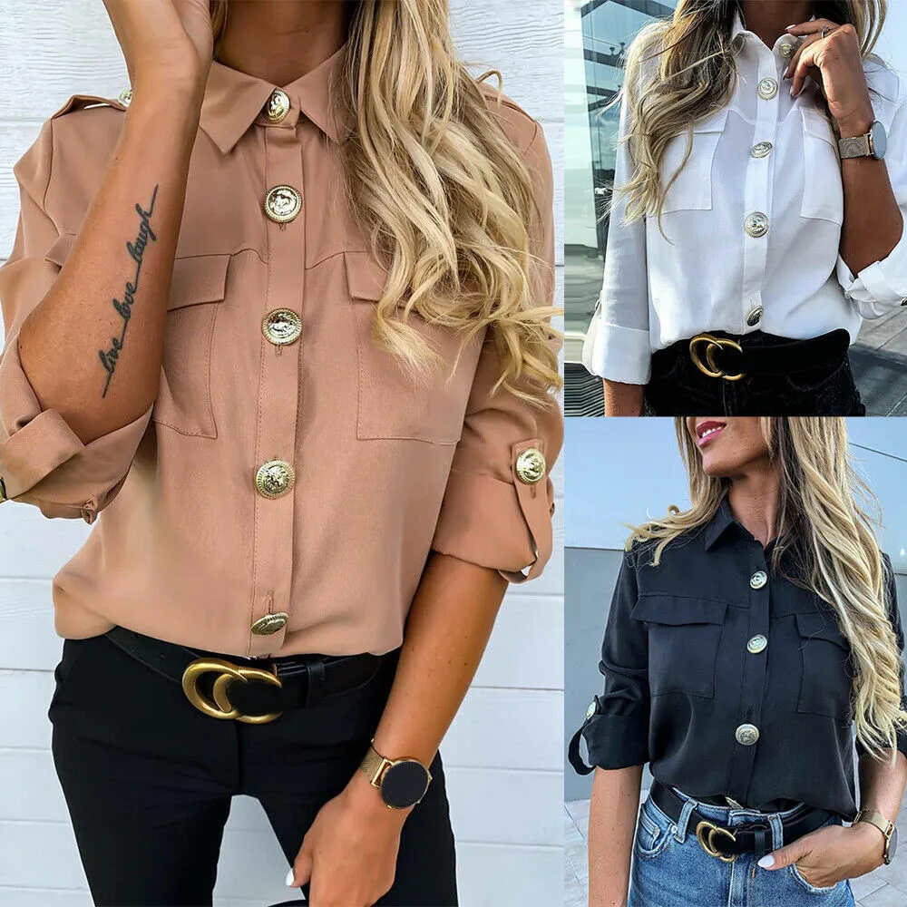 Pocket Solid Color Long Sleeve Button