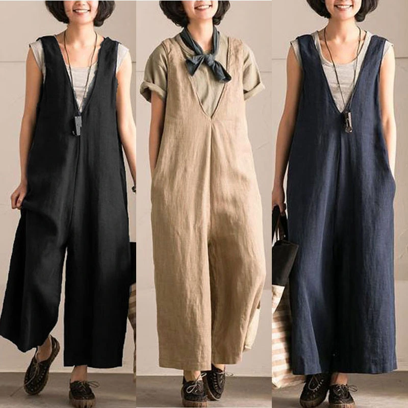 Strap wide-leg cotton and linen jumpsuit
