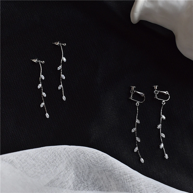 S925 Silver Needle Leaf Zircon Earrings Temperament All-match