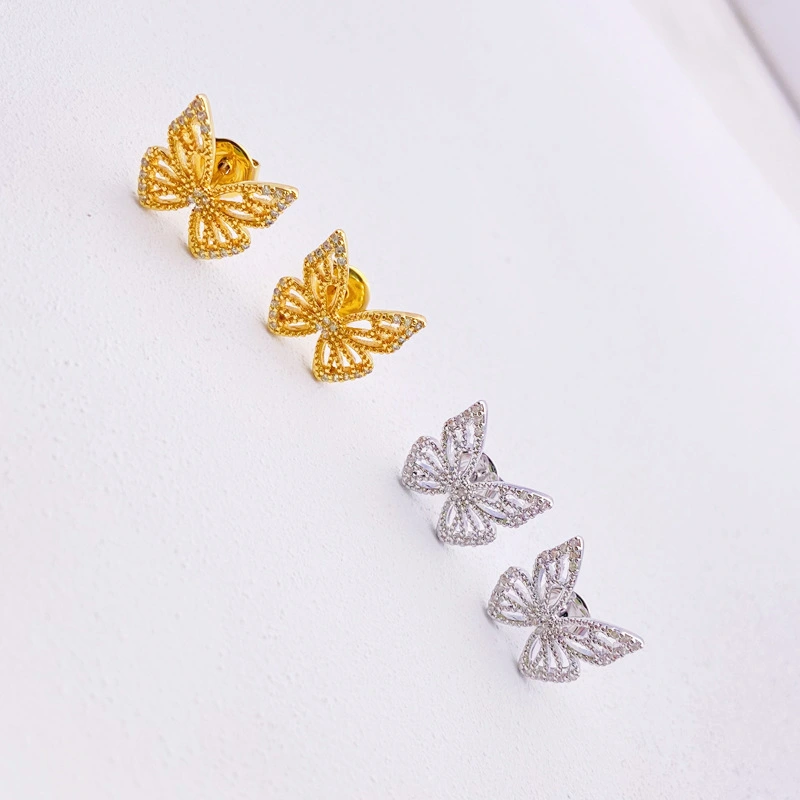 Micro Set Zircon Sterling Silver Butterfly Stud Earrings