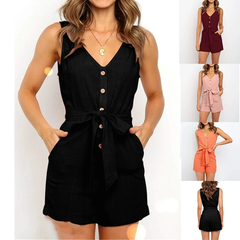 V-neck strapless jumpsuit with button belt