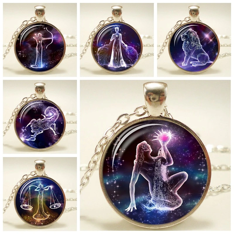 Zodiac Time Gemstone Glass Pendant Necklace