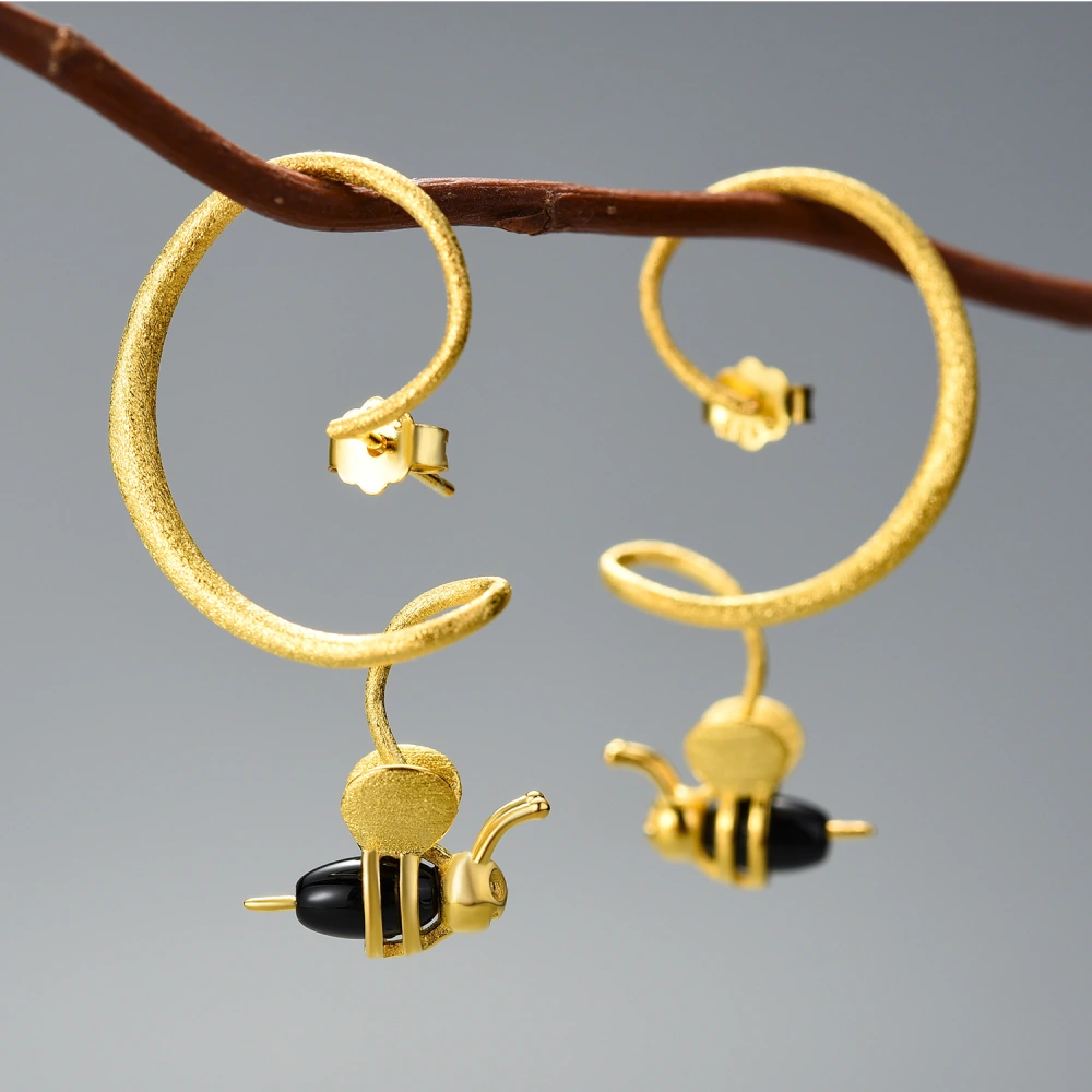 Insect Design Geometric Curve Bee Sterling Silver Earrings