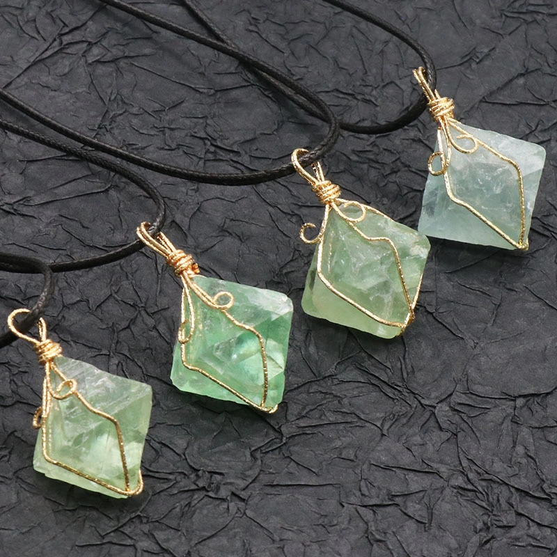 Natural Green Fluorite Rough Octahedron Pendant Necklace