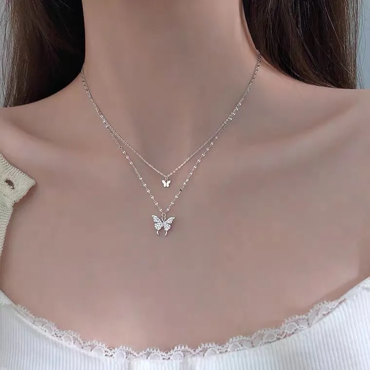 Women's New Double Layer Butterfly Sterling Silver Necklace