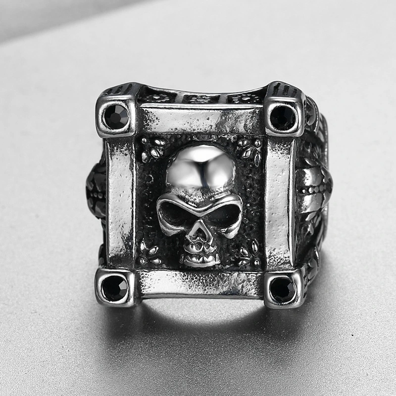 New Square Black Diamond Skull Ring For Men