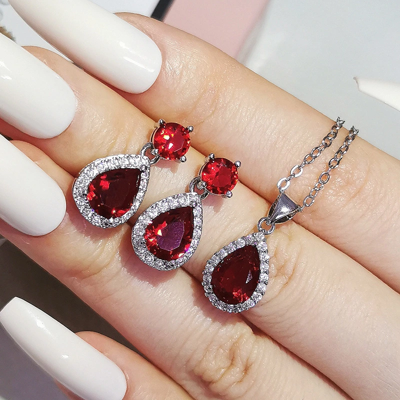 Waterdrop Pear Earring Necklace Colorful Zircon Ears Two-Piece Set