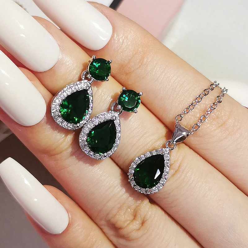 Waterdrop Pear Earring Necklace Colorful Zircon Ears Two-Piece Set