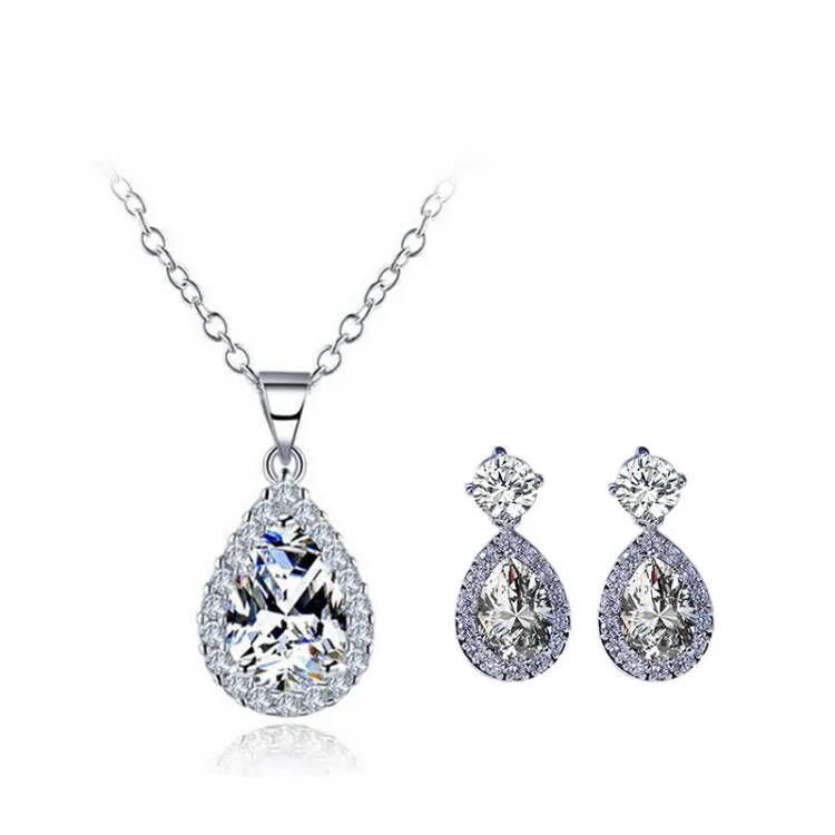 Waterdrop Pear Earring Necklace Colorful Zircon Ears Two-Piece Set