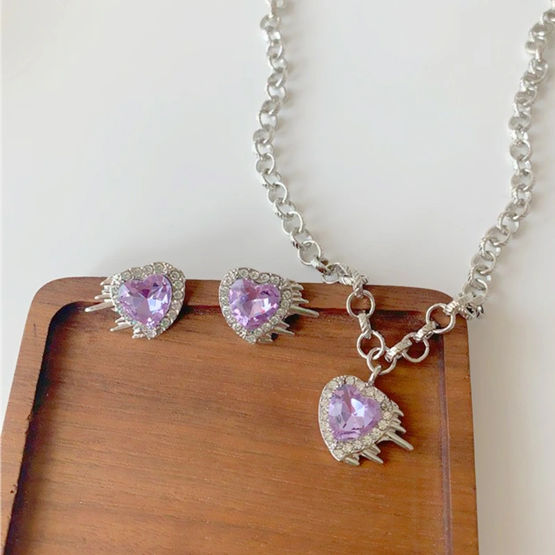 Ladies Heart Purple Peach Heart Water Diamond Earrings Necklace Jewelry Set