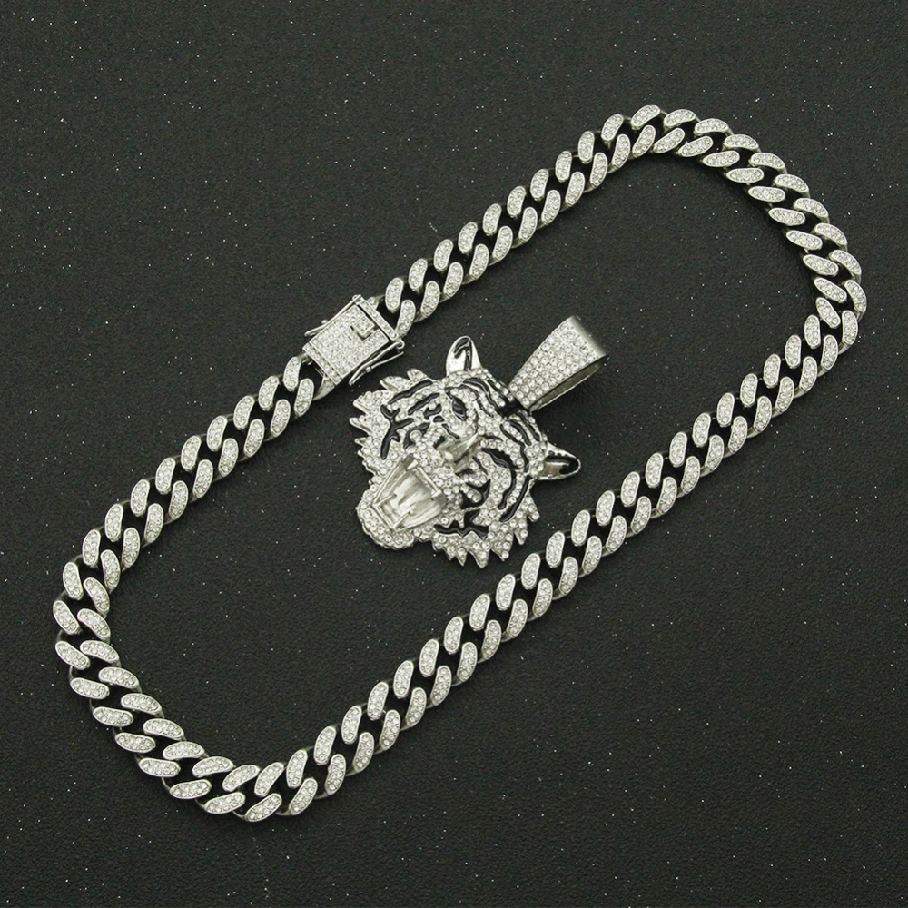 Cool Full Diamond Tiger Head Pendant Cuban Chain Necklace