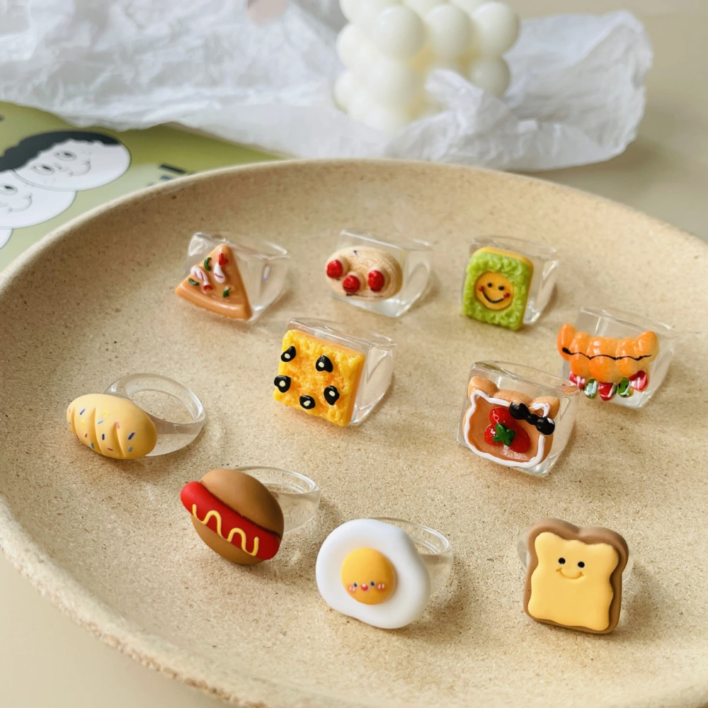 Japanese Food Play Cute Croissant Pizza Toast Grape Tart Resin Ins Cute Ring