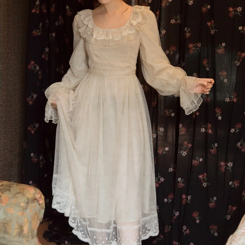 Fall Flared Long Sleeve Lace Vintage Dress