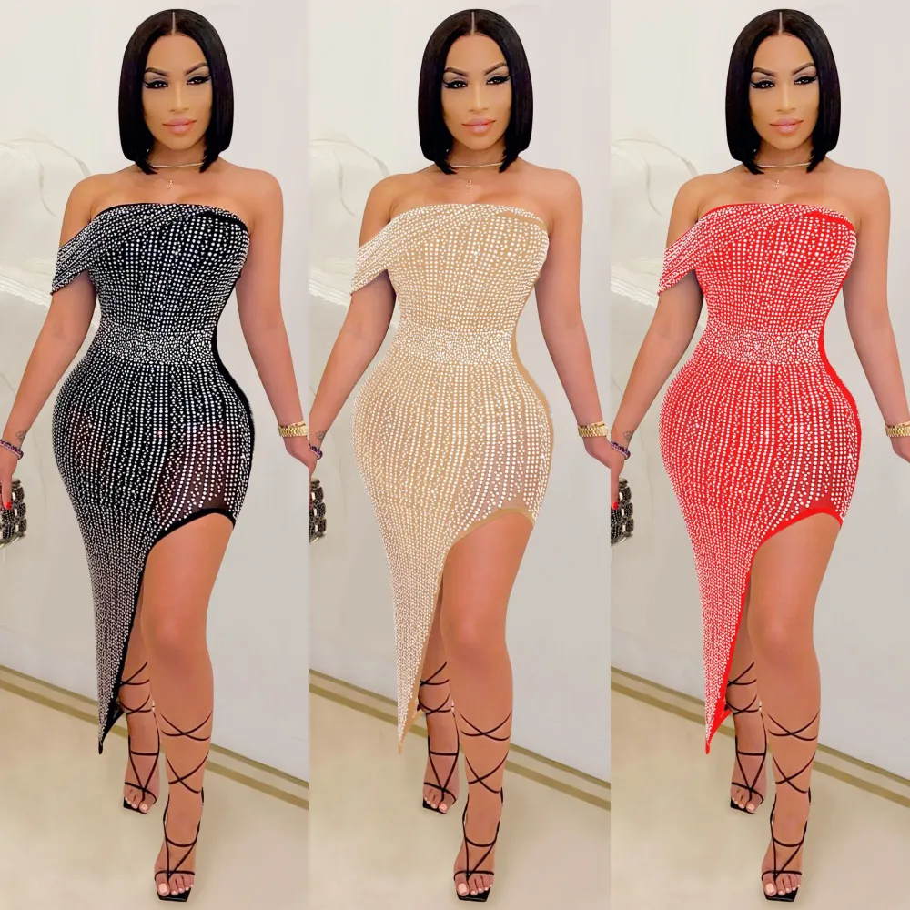 Hot-Drilled Mesh Wrap Breast Irregular Women's Dress