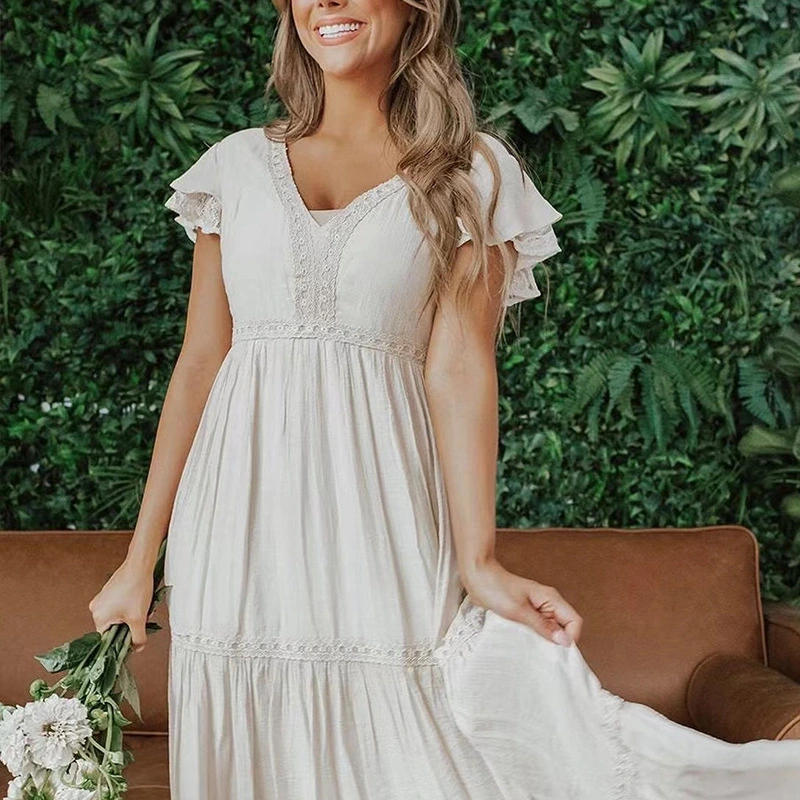 European And American Lotus Leaf Sleeve V-neck High Waist Dress