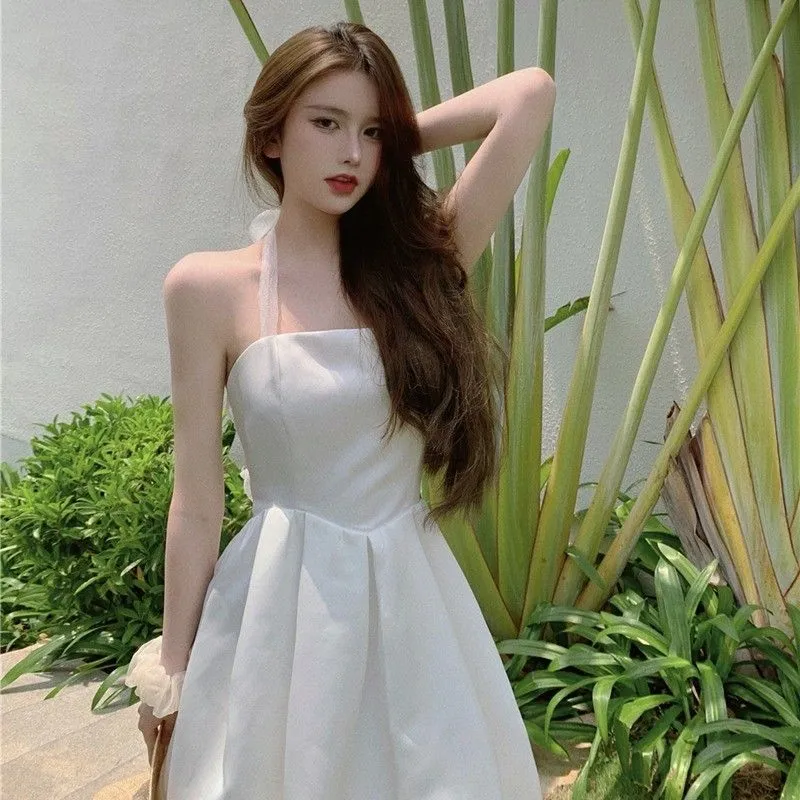 Fashion Mesh Bow Knot Waist Tube Top Sling Dress