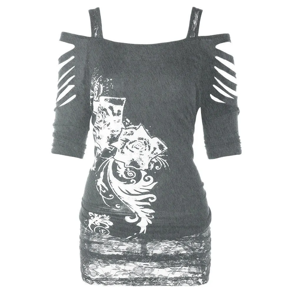 New Off Shoulder Printed Rock Gothic Sling T-Shirt