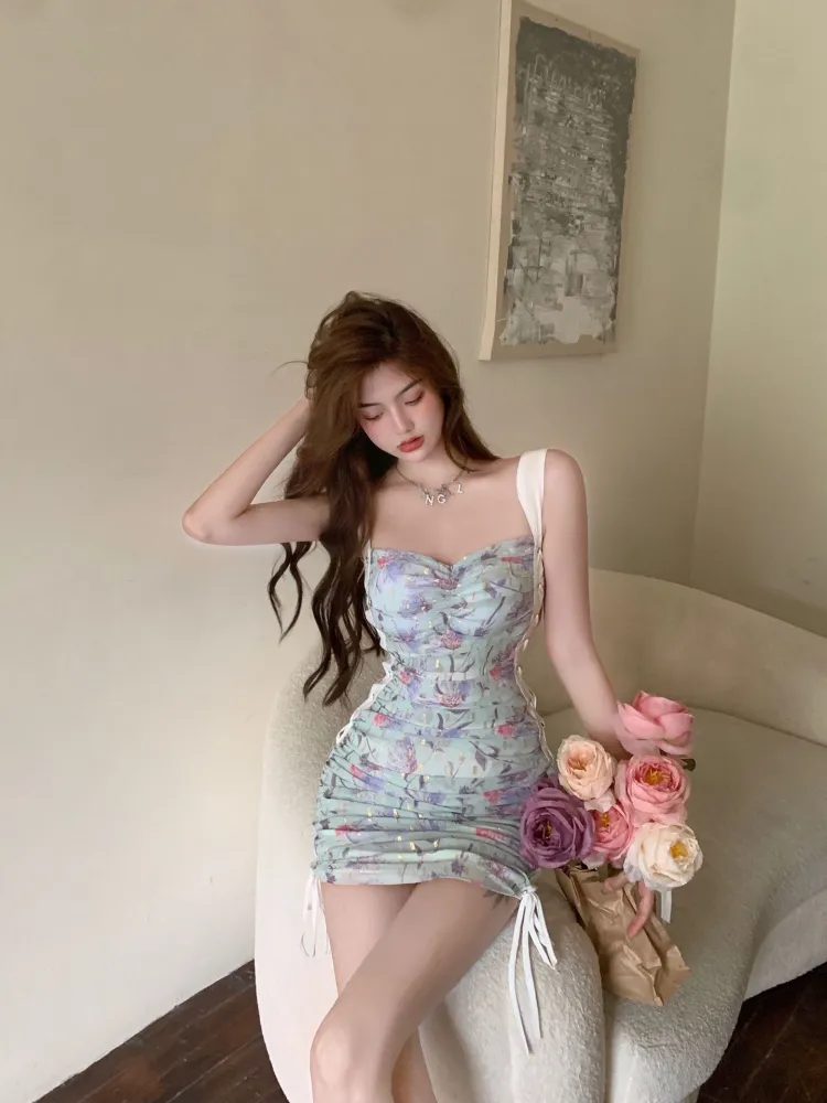 Drawstring Lace Design Chiffon Dress Women