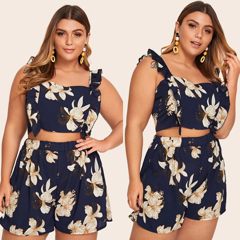 Ladies Plus Size Printed Suspender Shorts Two-piece Suit