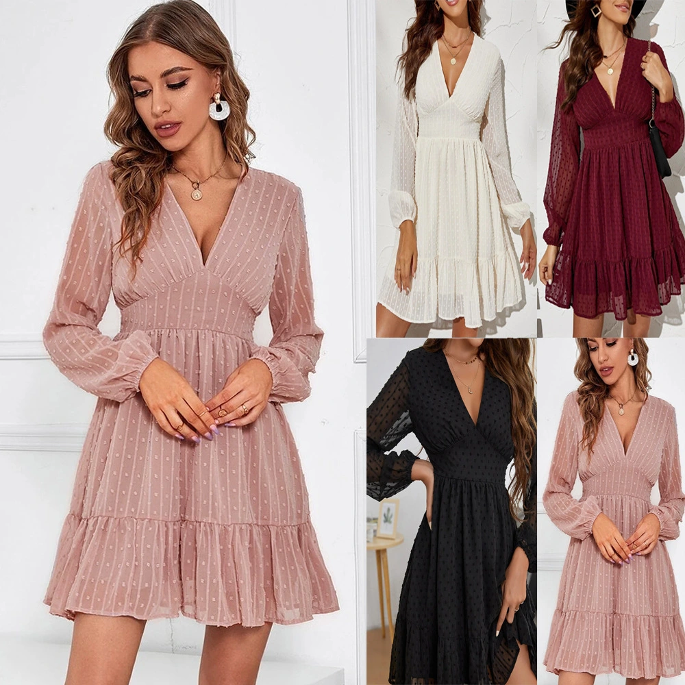 Long-sleeve V-neck High-waist Elegant Commuter Women's Dress