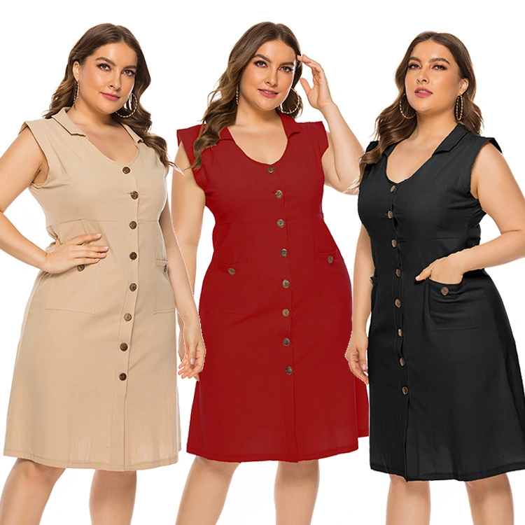V-Neck Sleeveless Pocket Plus Size Women's Dress