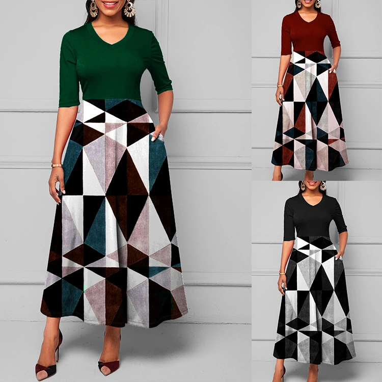 New European And American Geometric Print V-neck Slim Dress